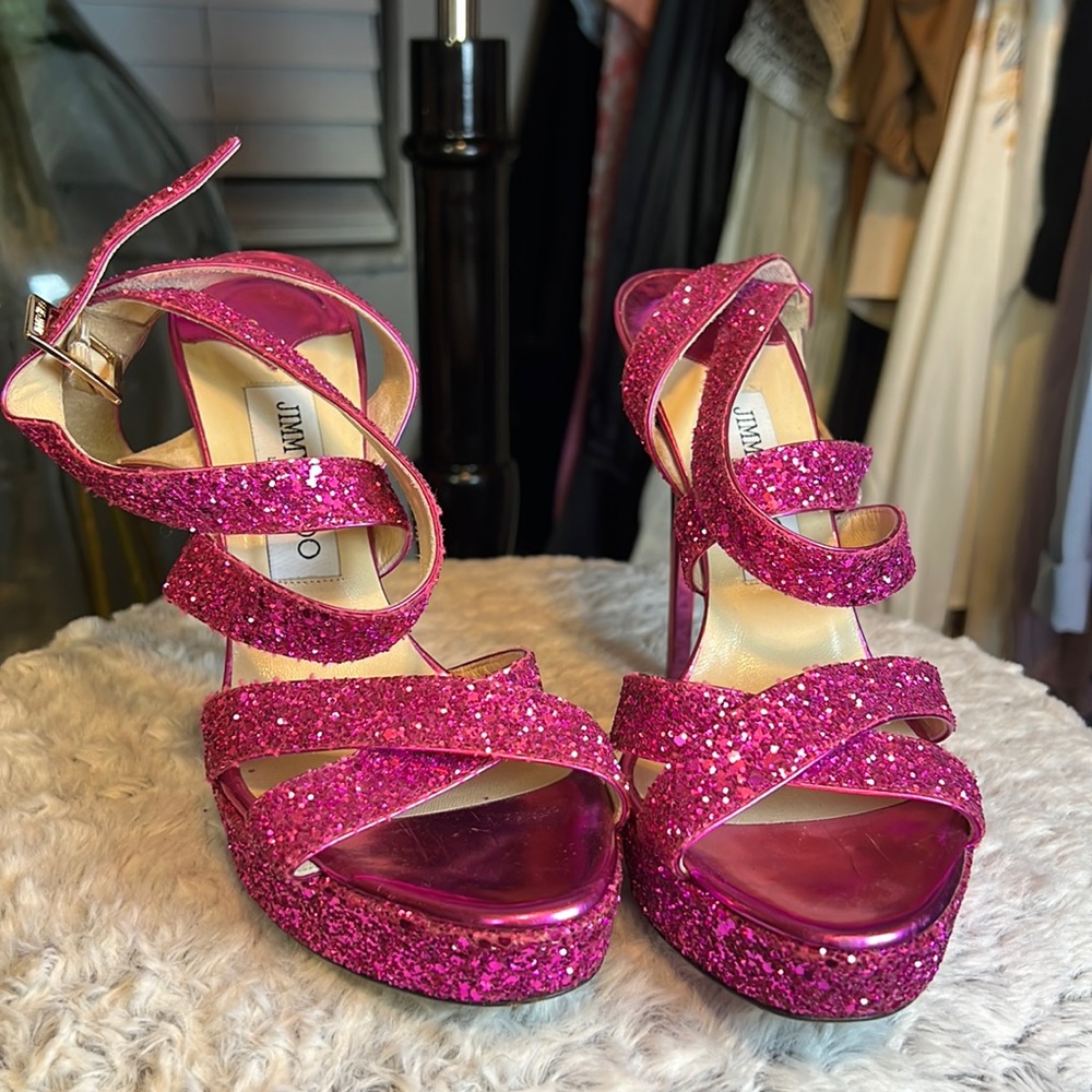 Jimmy Choo Glitter Fuschia Strappy Heel Sandals